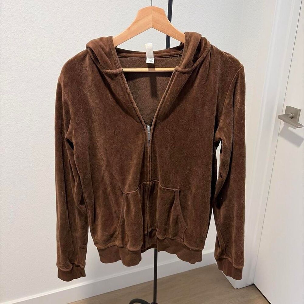 Bella Women's Chocolate Brown Velour Full Zip Hoodie Sweater Size XL